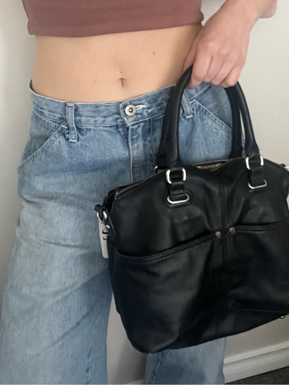 Classic Black Leather Satchel Handbag - Women Bags tignanello